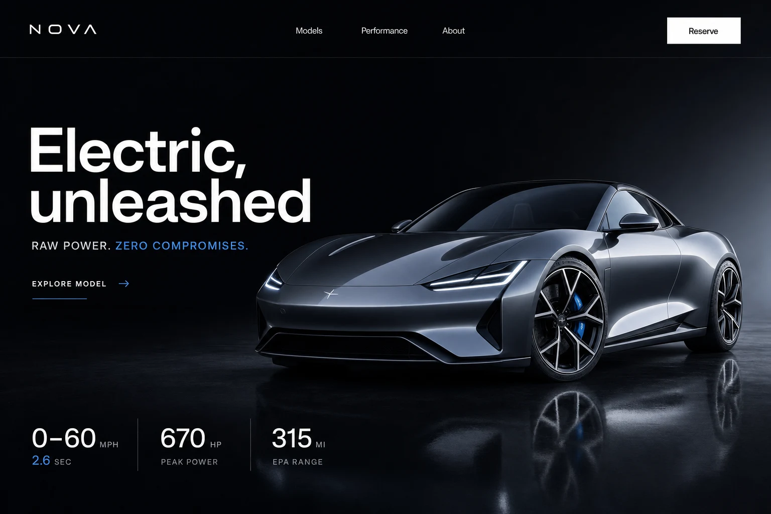 An electric car showcase page built with Daciel Build