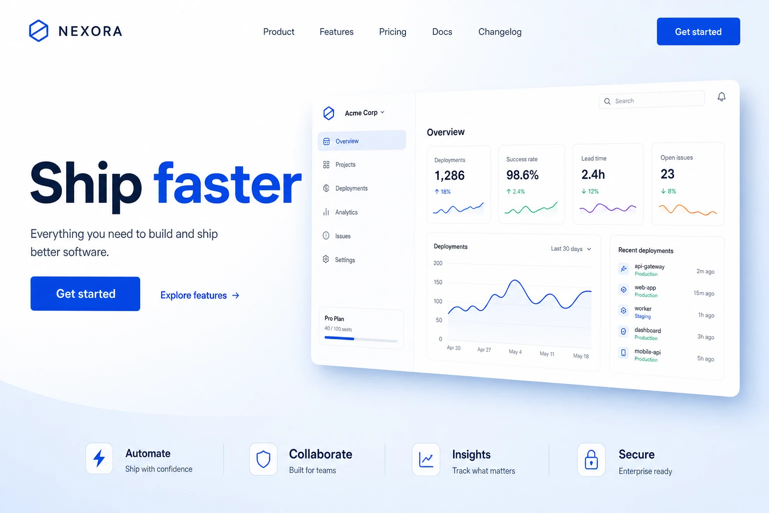A SaaS product landing page built with Daciel Build